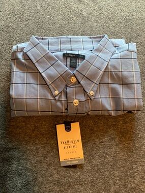 Van Heusen Big & Tall Men's Light Blue Plaid Button-Down Shirt 3XL 20-201/2